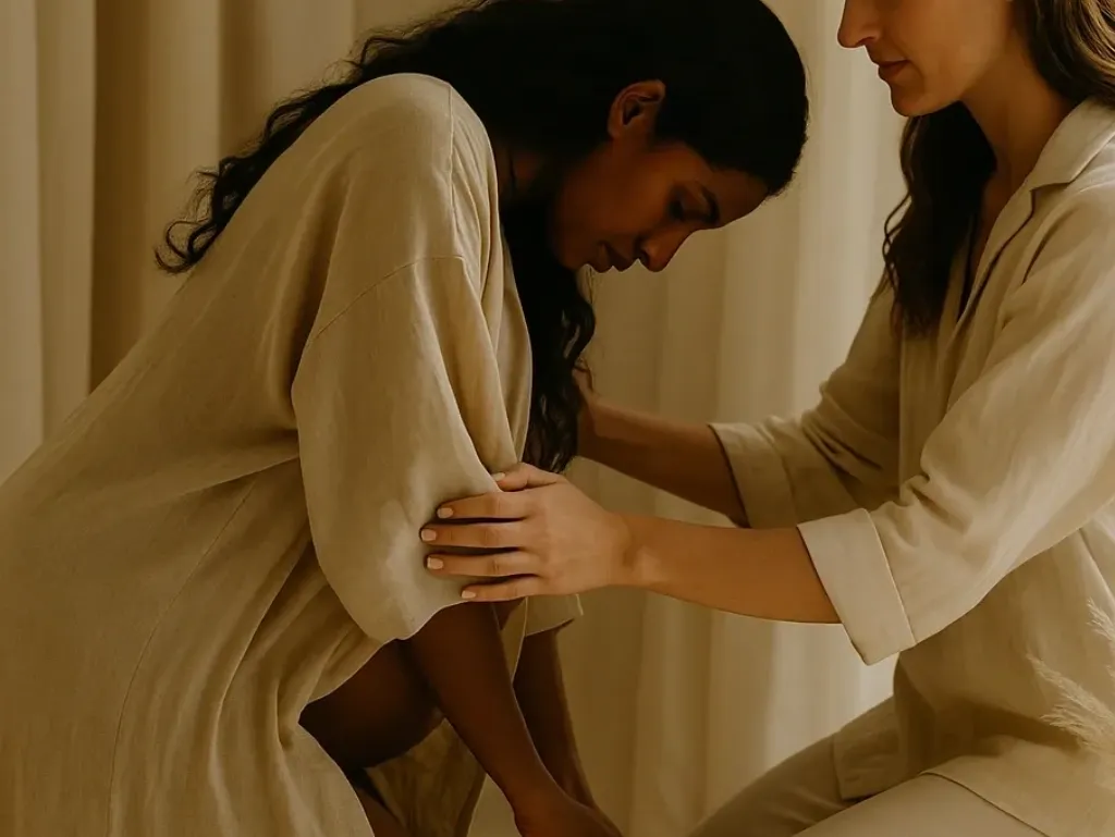 Two women practicing supportive birthing techniques.