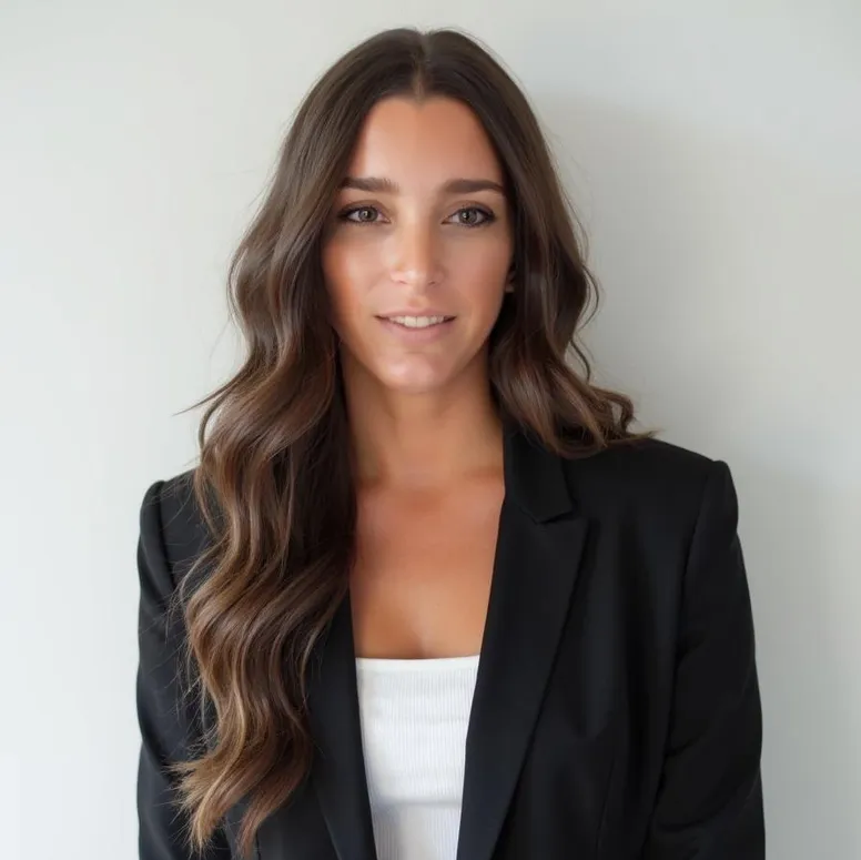 Smiling woman in black blazer, long hair.