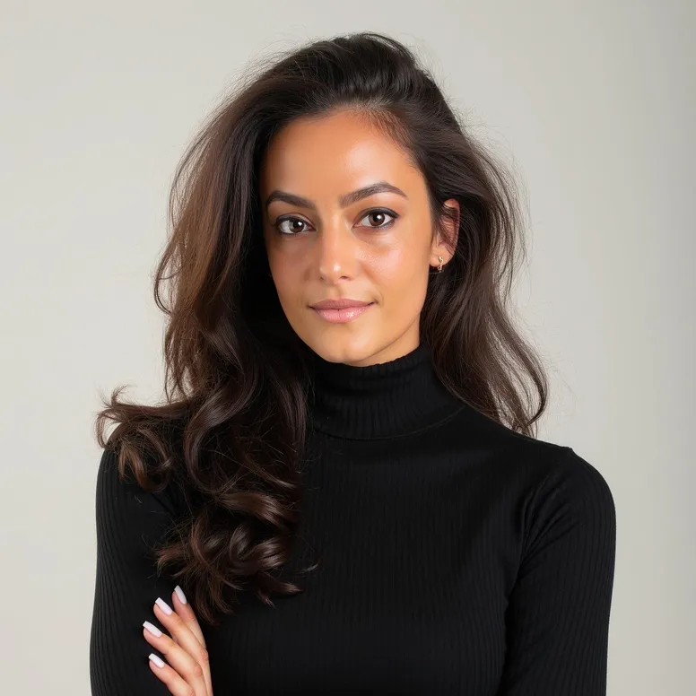 Woman with long hair in black turtleneck.
